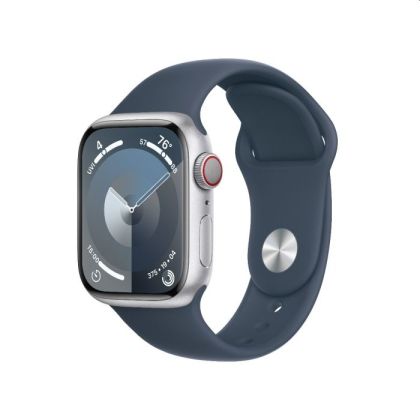 Apple Watch Series 9 GPS + Cellular Carcasă din aluminiu argintiu de 41 mm cu bandă sport Storm Blue - S/M