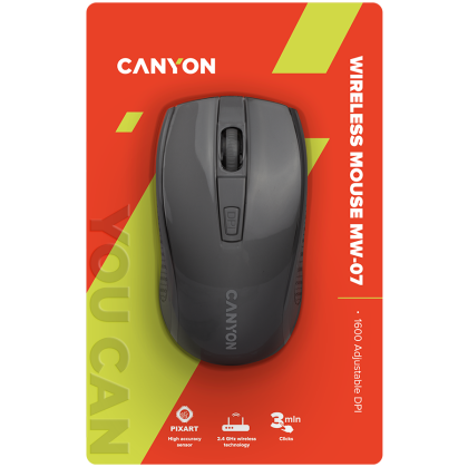 CANYON MW-7, 2.4Ghz wireless mouse, 6 buttons, DPI 800/1200/1600, with 1 AA battery, size 110*60*37mm, 58g, black