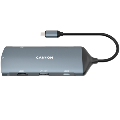 CANYON DS-15, hub 8 în 1, cu 1*HDMI,1*Gigabit Ethernet,1*USB C mamă: suport PD3.0 max60W, 1*USB C tată: PD3.0 suport max100W,2*USB3.1: suport max 5 Gbps, 1 * USB 2.0: suport max 480 Mbps, 1 * SD, cablu 15 cm, carcasă din aliaj de aluminiu, 133,24 * 48,7 *
