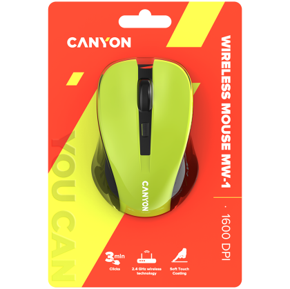 CANYON MW-1, mouse optic fără fir galben de 2,4 GHz cu 3 butoane, reglabil 800/1200/1600 DPI