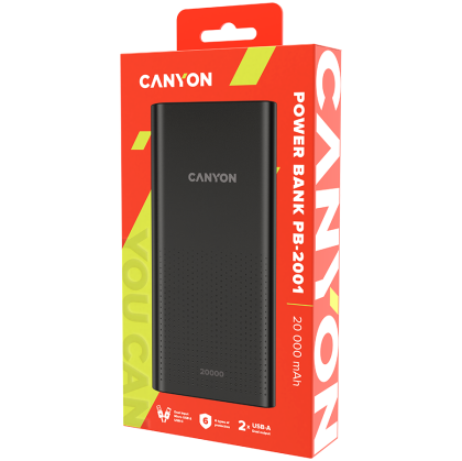 CANYON PB-2001, Power bank 20000mAh Li-poli baterie, Intrare 5V/2A, Ieșire 5V/2.1A(Max), 144*69*28.5mm, 0.440Kg, Negru