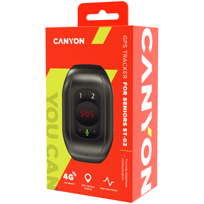 CANYON ST-02, Senior Tracker, UNISOC 8910DM, funcție GPS, buton SOS, IP67 rezistent la apă, SIM unic, 32+32MB, GSM(850/900/1800/1900MHz), 4G Brand(1/2/3/5/7 /8/20), 1000mAh, compatibilitate cu iOS și Android, Negru, gazdă: 65*42*20mm, curea: 20wide*240mm,