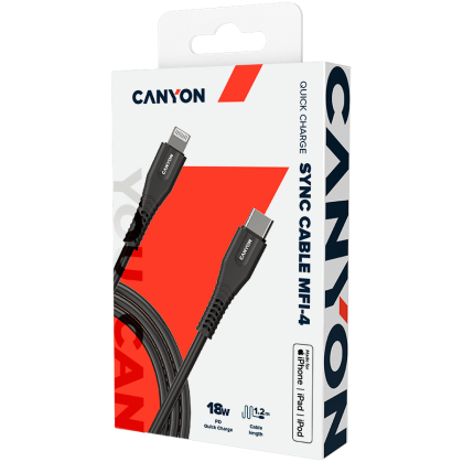 CANYON MFI-4, Type C Cable To MFI Lightning for Apple, PVC Mouling,Function：with full feature( data transmission and PD charging) Output:5V/2.4A , OD:3.5mm, cable length 1.2m, 0.026kg,Color :Black