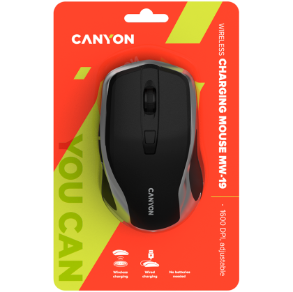 CANYON MW-19, Mouse reîncărcabil fără fir de 2,4 GHz cu senzor Pixart, 6 taste, Comutator silențios pentru tastele dreapta/stânga, Adăugați NTCDPI: 800/1200/1600, Max. utilizare 50 de ore pentru o singură dată complet încărcată, baterie Li-poli de 300 mAh