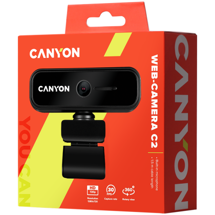 CANYON C2, 720P HD 1.0 Mega cameră web cu focalizare fixă cu USB2.0. conector, lunetă de vizualizare rotativă 360°, 1,0 Mega pixeli, MIC încorporat, Rezoluție 1280*720 (1920*1080 prin interpolare), unghi de vizualizare 46°, lungime cablu 1,5 m, 90*60*55 m