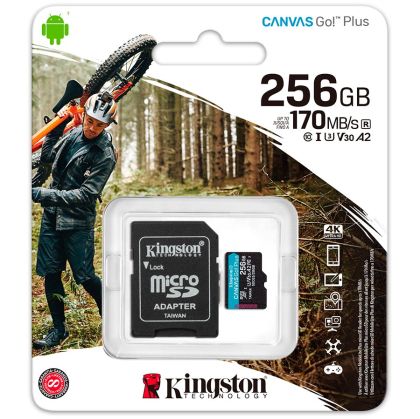 Card Kingston microSDXC Canvas Go Plus 170R A2 U3 V30 de 256 GB + ADP, EAN: 740617301250
