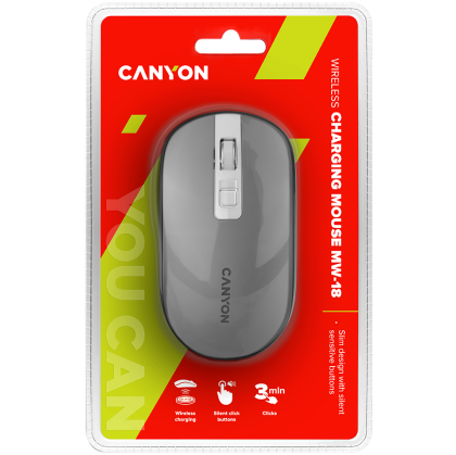 CANYON MW-18, mouse reîncărcabil fără fir de 2,4 GHz cu senzor Pixart, 4 taste, comutator silențios pentru tastele dreapta/stânga, adăugare NTC DPI: 800/1200/1600, max. utilizare 50 de ore pentru o singură dată complet încărcată, baterie Li-poli de 300 mA