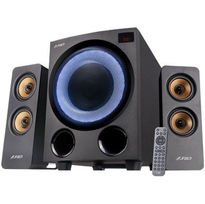 F&D F770X 2.1 Multimedia Speakers, 76W RMS, 4x2.5'' Satellites + 5.25'' Subwoofer, BT 5.0/Optical/AUX/USB/FM/Multi-color LED/LED Display/Remote Control/Wooden/Black