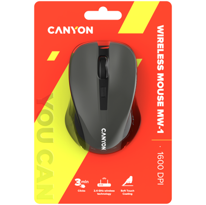 CANYON MW-1, mouse optic fără fir de 2,4 GHz cu 4 butoane, DPI 800/1200/1600, gri, 103,5*69,5*35 mm, 0,06 kg