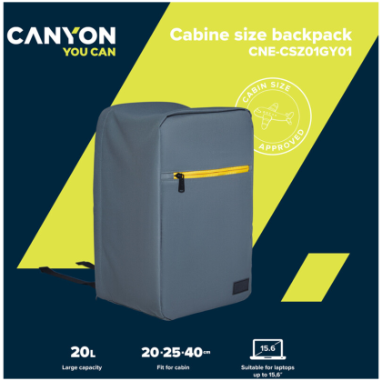 CANYON CSZ-01, rucsac dimensiune cabină pentru laptop de 15,6 inchi, poliester, gri