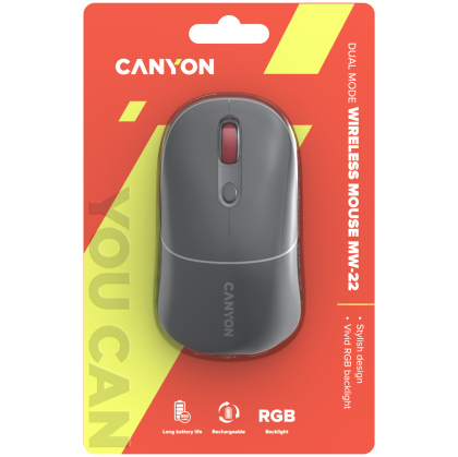 CANYON MW-22, Mouse optic wireless 2 în 1 cu 4 butoane, DPI 800/1200/1600, 2 moduri (BT/ 2,4 GHz), baterie Li-poly de 650 mAh, iluminare de fundal RGB, gri închis, lungime cablu 0,8 m, 110* 62*34,2 mm, 0,085 kg