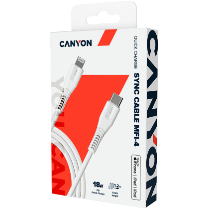 CANYON MFI-4, Cablu tip C la MFI Lightning pentru Apple, PVC Mouling, Funcție: cu caracteristică completă (transmitere de date și încărcare PD) Ieșire: 5 V/2,4 A, OD: 3,5 mm, lungime cablu 1,2 m, 0,026 kg, Culoare :Alb