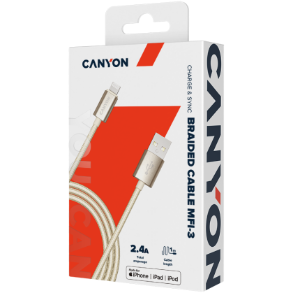 Cablu împletit CANYON Charge & Sync MFI cu carcasă metalică, USB la fulger, certificat de Apple, 1m, 0,28 mm, auriu