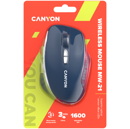 CANYON MW-21, mouse wireless 2,4 GHz, cu 7 butoane, DPI 800/1200/1600, baterie: AAA*2 buc, albastru, 72*117*41 mm, 0,075 kg