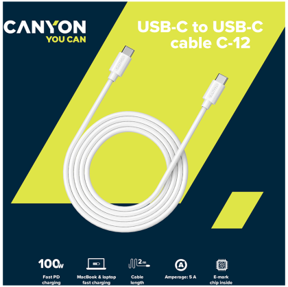CANYON UC-12, cablu 100W, 20V/ 5A, tip C la tip C, 2M cu Emark, cablu de alimentare: 20AWG*4C, fire de semnal: 28AWG*4C,OD4.5mm, PVC, alb