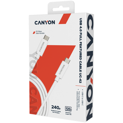 CANYON UC-42, cablu, U4-CC-5A2M-E, ansamblu cablu USB4 TYPE-C la TYPE-C 20G 2m 5A 240W(ERP) cu E-MARK, CE, ROHS, alb