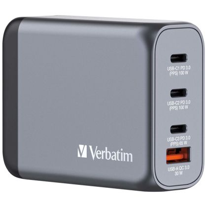 Încărcător Verbatim GNC-100 GaN Încărcător 4 porturi 100 W USB A/C (UE/Marea Britanie/SUA)