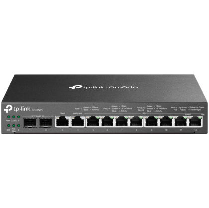 Router VPN Gigabit TP-Link ER7212PC Omada cu porturi PoE+ și capacitate de controler, 2× G SFP WAN/LAN Port, 1× G RJ45 WAN Port, 1× G RJ45 WAN/LAN Ports, 8× G PoE+ RJ45 LAN Ports, 802.3at/af, 110 W Putere PoE, 3-în-1 (router, comutator PoE+,controlor)