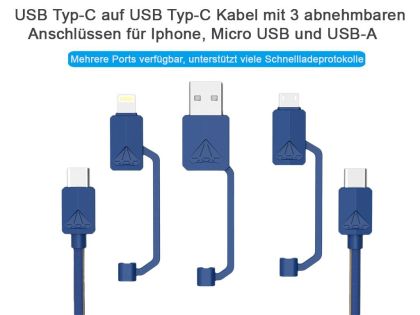Cablu combinat pentru încărcare rapidă Type-C- Micro USB/ Lightning/ USB-A culoare albastră PDC-3XTAR