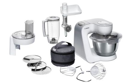 Robot de bucătărie Bosch MUM58231, Mașină de bucătărie, MUM5, Mixare Planetară 3D 1000 W, add. Blender din plastic, Mașină de tocat carne, Alb - Argintiu