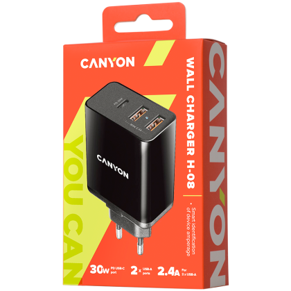CANYON H-08, încărcător universal 3xUSB AC (în perete) cu protecție la supratensiune (1 USB-C cu încărcător rapid PD), intrare 100V-240V, ieșire USB-A/5V-2.4A+USB-C/PD30W, cu Smart IC, culoare neagră lucioasă + parte din plastic portocaliu a USB, 96,8*52,