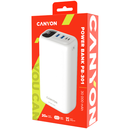 CANYON PB - 301, Power bank 30000mAh Li-poli baterie, Intrare Micro: DC5V/2A, 9V/2A Intrare Tip c PD: DC5V/3A, 9V/2A， Ieșire Tip C PD:5V/3A,9V/2.2A, 12V/1.5AIeșire USB A1+USBA 2: 5V3A,5V/4.5A,4.5V/5A,9V2A,12V1.5A,22.5W cablu de încărcare rapidă 0,3m,