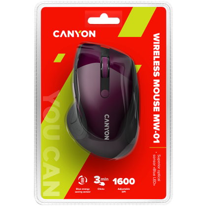 Mouse fără fir CANYON 2.4Ghz, urmărire optică - LED albastru, 6 butoane, DPI 1000/1200/1600, violet perlat lucios