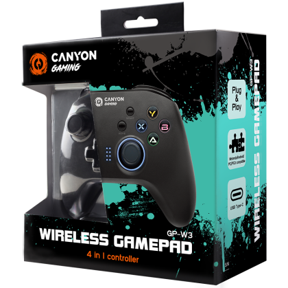 CANYON GP-W3, controler wireless 2.4G cu baterie încorporată de 600 mAh, cablu de încărcare tip C 1M, senzor de mișcare cu 6 axe, suport pentru comutator nintendo, Android, intrare PC X-input/D-input, ps3, dongle de dimensiune normală, negru