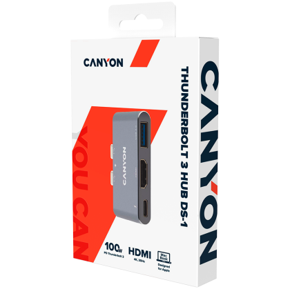 CANYON DS-1, Multiport Docking Station cu 3 porturi, cu port Thunderbolt 3 Dual tip C tată, 1*Thunderbolt 3 mamă+1*HDMI+1*USB3.0. Intrare 100-240V, ieșire USB-C PD100W&USB-A 5V/1A, aliaj de aluminiu, gri spațial, 59*35,5*10mm, 0,028kg