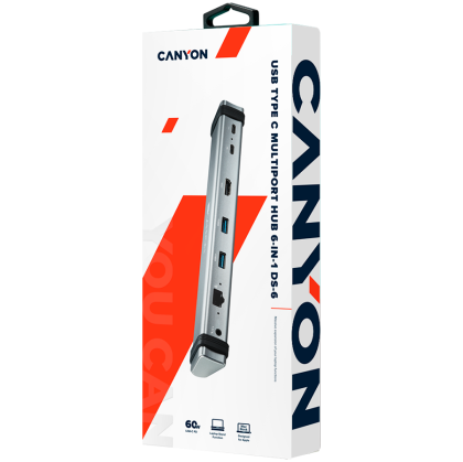 CANYON DS-6, Stație de andocare multiport cu 7 porturi: 2*Tip C+1*HDMI+2*USB3.0+1*RJ45+1*audio 3,5mm, Intrare 100-240V, Ieșire USB-C PD 5-20V /3A&USB-A 5V/1A, cu cablu de tip c la tip c 0,3 m, gri spațial, 226*33,7*24 mm, 0,174 kg
