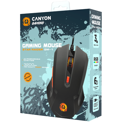 CANYON Star Raider GM-1, Optical Gaming Mouse with 6 programmable buttons, Pixart optical sensor, 4 levels of DPI and up to 3200, 3 million times key life, 1.65m PVC USB cable, rubber coating surface and colorful RGB lights, size: 125*75*38mm, 115g