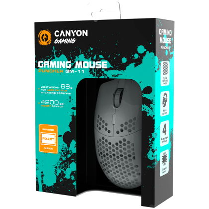 CANYON Puncher GM-11, Mouse pentru gaming cu 7 butoane programabile, senzor optic Pixart 3519, 4 nivele de DPI și până la 4200, durata de viață a cheii de 5 milioane de ori, cablu Ultraweave de 1,65 m, picioare UPE și lumini RGB colorate, Alb, dimensiune:
