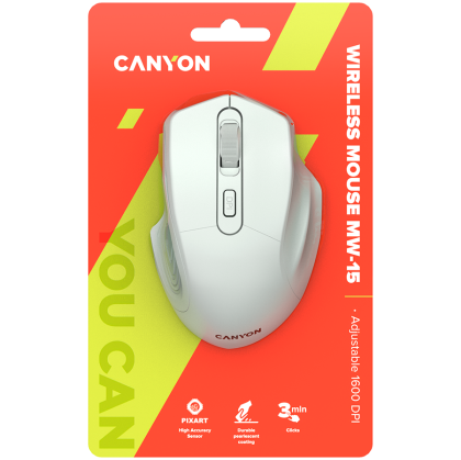 CANYON MW-15, Mouse optic fără fir de 2,4 GHz cu 4 butoane, DPI 800/1200/1600, alb perlat, 115*77*38mm, 0,064kg