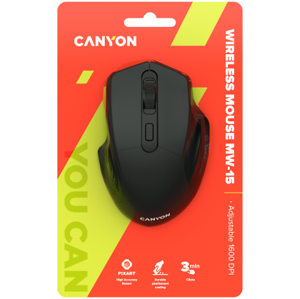 CANYON MW-15, Mouse optic fără fir de 2,4 GHz cu 4 butoane, DPI 800/1200/1600, Negru, 115*77*38mm, 0,064kg