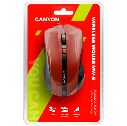 CANYON MW-5, Mouse optic wireless de 2,4 GHz cu 4 butoane, DPI 800/1200/1600, Roșu, 122*69*40mm, 0,067kg