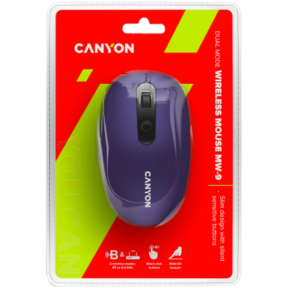 CANYON MW-9, mouse optic wireless 2 în 1 cu 6 butoane, DPI 800/1000/1200/1500, 2 moduri (BT/ 2,4 GHz), baterie AA*1 buc, violet, comutator silențios pentru tastele dreapta/stânga, 65,4* 112,25*32,3 mm, 0,092 kg