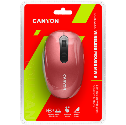 CANYON MW-9, mouse optic wireless 2 în 1 cu 6 butoane, DPI 800/1000/1200/1500, 2 moduri (BT/ 2,4 GHz), baterie AA*1 buc, roșu, comutator silențios pentru tastele dreapta/stânga, 65,4* 112,25*32,3 mm, 0,092 kg