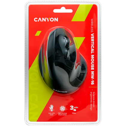 CANYON MW-16, mouse vertical wireless, USB2.4GHz, tehnologie optică, 6 număr de butoane, USB 2.0, rezoluție: 800/1200/1600 DPI, negru, dimensiune: 86*115*71mm, 90g