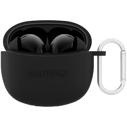 CANYON TWS-5, Bluetooth headset, with microphone, BT V5.3 JL 6983D4, Frequency Response:20Hz-20kHz, battery EarBud 40mAh*2+Charging Case 500mAh, type-C cable length 0.24m, size: 58.5*52.91*25.5 mm, 0.036kg, Black
