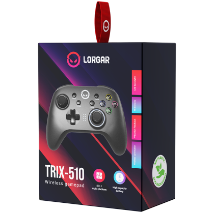 LORGAR TRIX-510, Controler pentru jocuri, negru, Controler BT5.0 cu baterie încorporată de 600 mAh, cablu de încărcare tip C 1M, senzor de mișcare cu 6 axe, suport pentru comutator nintendo, Android, PC, IOS13, PS3, dongle de dimensiune normală, negru