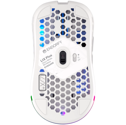 Mouse de gaming wireless Endorfy LIX Plus Onyx alb, senzor optic de jocuri PIXART PAW3370, 19000DPI, design ușor 69G, comutatoare KAILH GM 8.0, cablu Paracord de 1,6 m, patine PTFE, lumini ARGB, 2 ani garanție