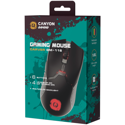 CANYON Carver GM-116, mouse cu fir pentru jocuri cu 6 taste, senzor A603EP, DPI până la 3600, acoperire din cauciuc pe panou, comutator Huano 1 milion, cablu PVC de 1,65 M, material ABS. dimensiune: 130*69*38mm, greutate: 105g, negru