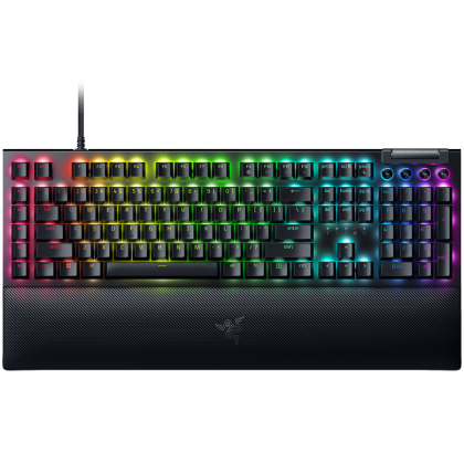 Tastatură mecanică pentru jocuri Razer BlackWidow V4 Pro, aspect SUA, comutator verde, Razer Chroma™ RGB, cadran de comandă, 8 taste macro, stabilizatori lubrifiați, taste media, suport magnetic pentru încheietura mâinii, trecere USB, frecvență de interog