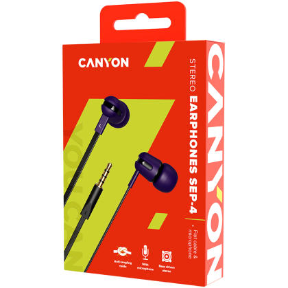 CANYON SEP-4, Stereo earphone with microphone, 1.2m flat cable, Purple, 22*12*12mm, 0.013kg