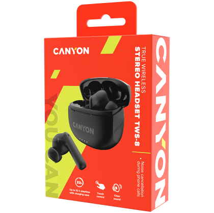 CANYON TWS-8, Casca Bluetooth, cu microfon, cu ENC, BT V5.3 JL 6976D4, Raspuns in frecventa:20Hz-20kHz, baterie EarBud 40mAh*2+Carcasa de incarcare 470mAh, lungime cablu tip C 0.24m, Dimensiune: 59* 48,8*25,5 mm, 0,041 kg, negru