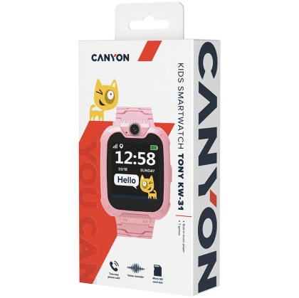 CANYON Tony KW-31, Kids smartwatch, 1.54 inch colorful screen, Camera 0.3MP, Mirco SIM card, 32+32MB, GSM(850/900/1800/1900MHz), 7 games inside, 380mAh battery, compatibility with iOS and android, red, host: 54*42.6*13.6mm, strap: 230*20mm, 45g