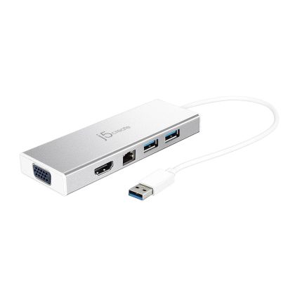 Hub cu 6 porturi j5create Mini Dock JUD380, USB 3.0, Gigabit Ethernet, HDMI, VGA, USB-B, alb