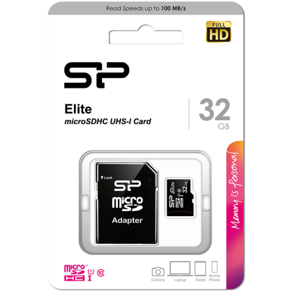 Card mSD Silicon Power Elite /clasa 10 de 32 GB UHS-1 (U1) R/W: până la 85/10 MB/s, funcție ECC, rezistență la șocuri/apă/raze X, cu adaptor, EAN: 4712702628180