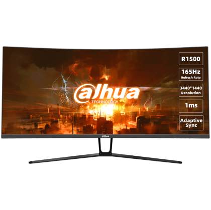 Dahua LM34-E330C Kavisli Oyun Monitörü, 34" UWQHD (3440x1440), VA, 165Hz, 350 nit, %120 sRGB, 21:9, 3000:1, 178°/178°, 1ms, VESA, 2x DP 1.4, 2x HDMI 2.0, 1x Ses çıkışı, DC 12V, 2A, 78W.