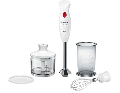 Blender Bosch MSM24500, Blender, CleverMixx, 400 W, Tocator si blender incluse, tel din otel inoxidabil, cana de amestecare/dozator, alb